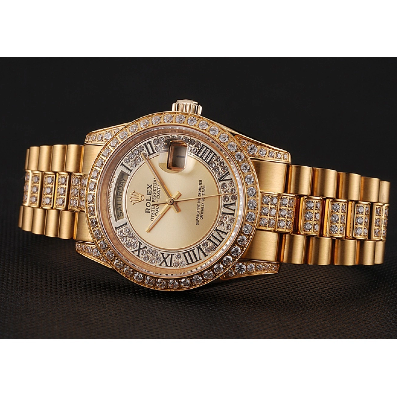 AAA Replica Watches Pave Dial Rolex Diamond Gold 1453954 Diamond Gold Swiss Day-Date Bracelet 0723
